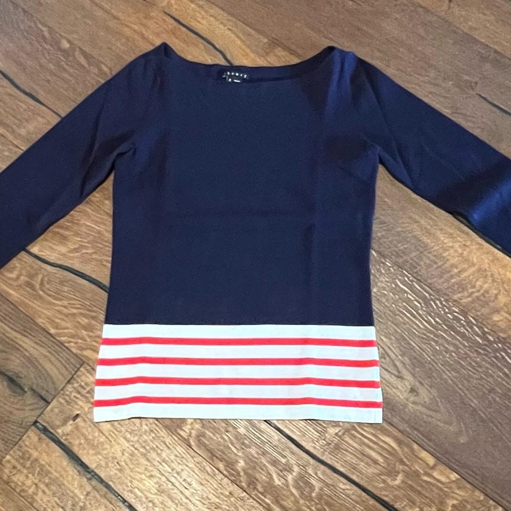 Theory Navy, with Red and white Striped Long Sleeve summer weight sweater